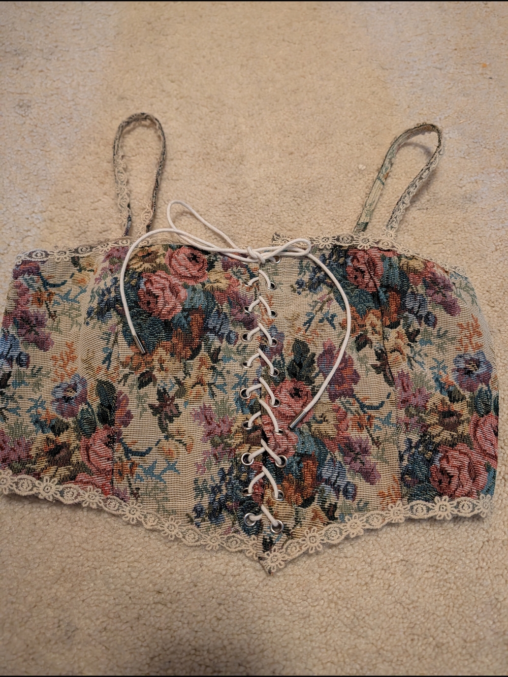 Cider Floral Lace-Up Cropped Tank Top - Cream Multi - Picture 2 of 5